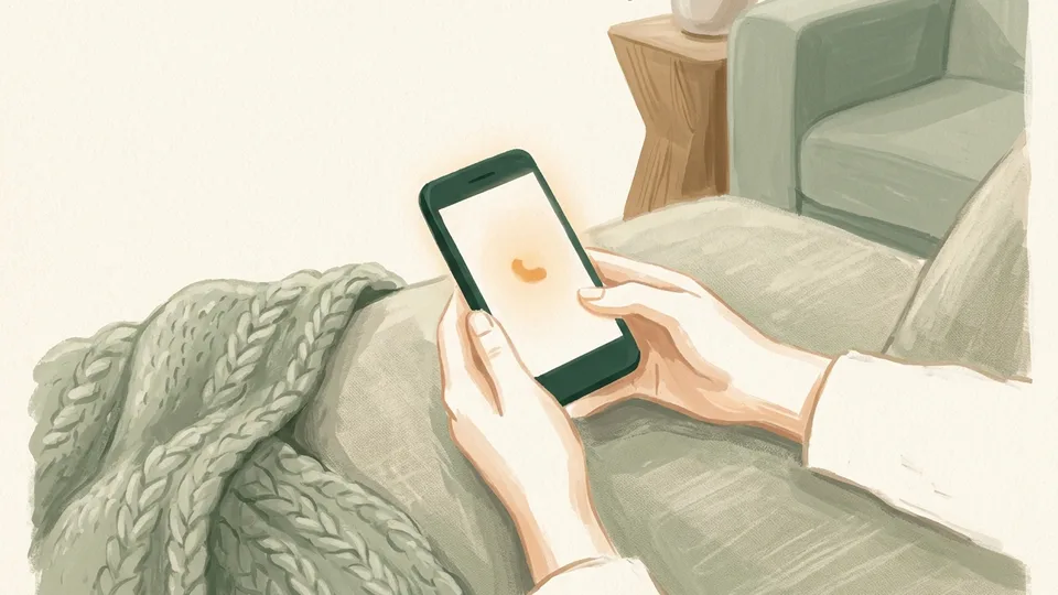 A man sitting on a sofa in the evening, holding a phone to his ear with a worried look, a lamp on beside him