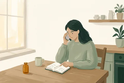 A woman at a kitchen table holding a phone and reading a number from a paper address book