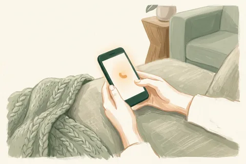 Hands holding a phone on a sofa, the screen showing an incoming call