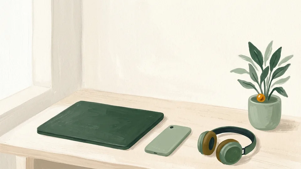 A laptop and a phone side by side on a desk, with a pair of headphones and a voicemail ready to play
