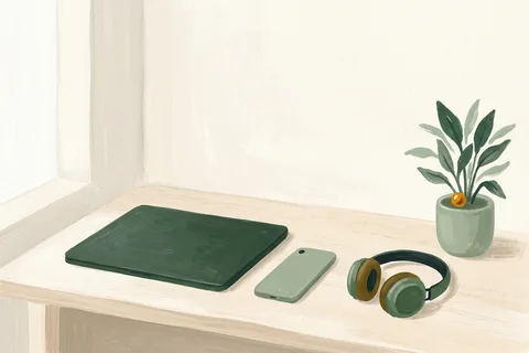 A laptop and a phone side by side on a desk with headphones