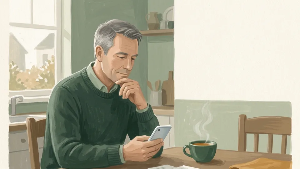 A man at a kitchen table looking down at the phone in his hand
