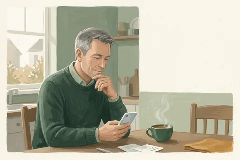 A man at a kitchen table looking down at the phone in his hand