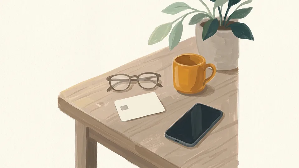 A bank card and reading glasses on a table next to a phone