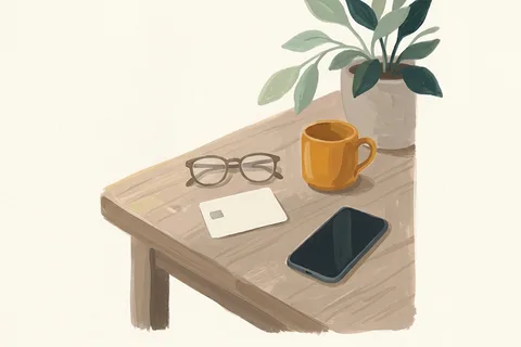 A bank card and reading glasses on a table next to a phone