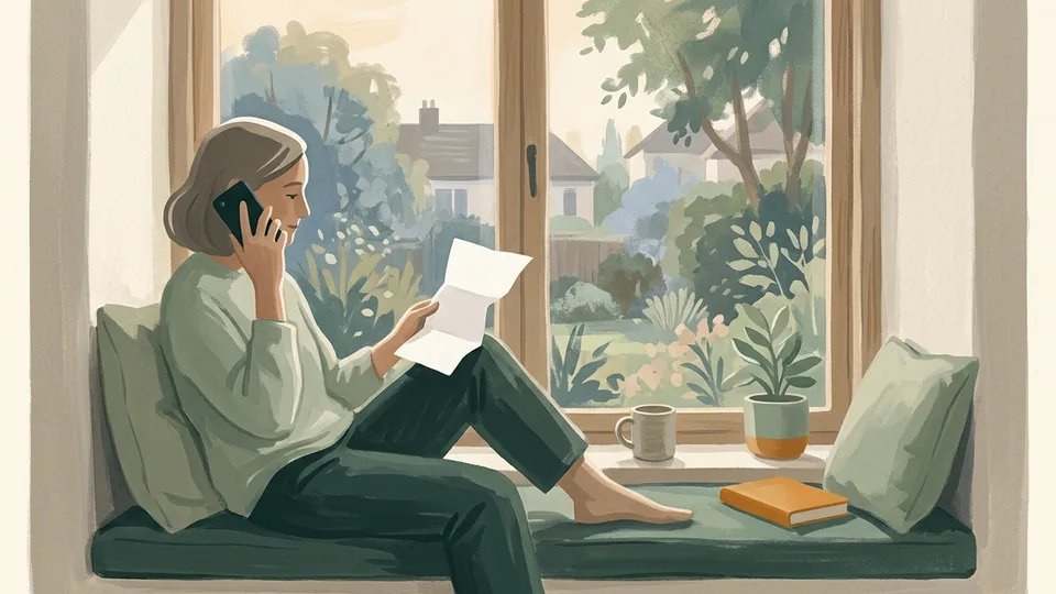 A person holding a phone to their ear while reading a letter from their bank