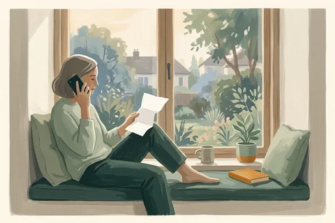 A person holding a phone to their ear while reading a letter from their bank