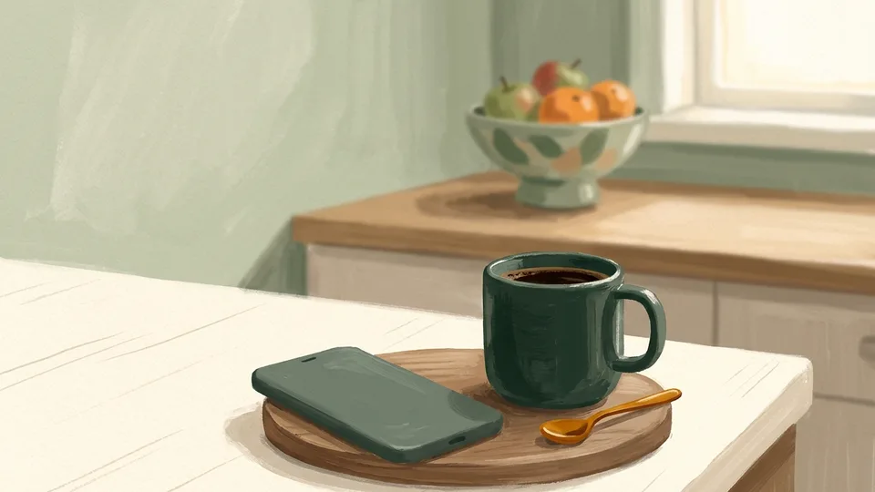 A phone on a kitchen counter next to a cup of coffee
