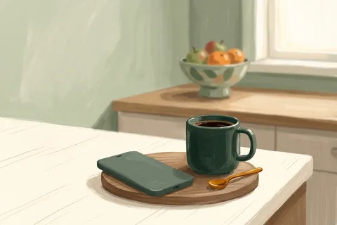 A phone on a kitchen counter next to a cup of coffee
