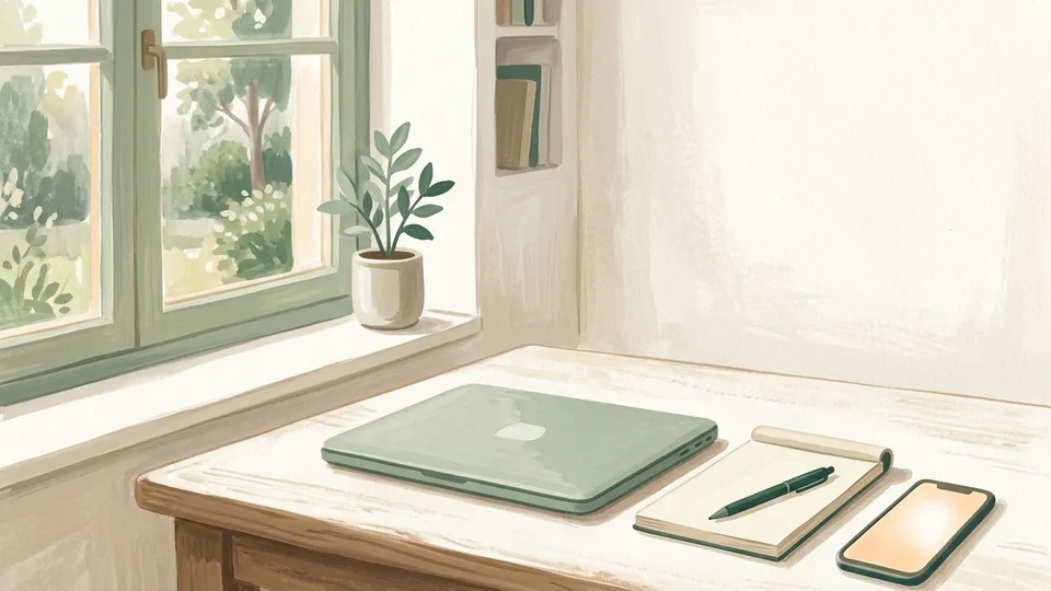 An office desk with a closed laptop and a phone face up beside a notepad