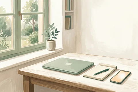 An office desk with a laptop closed and a phone face up beside a notepad