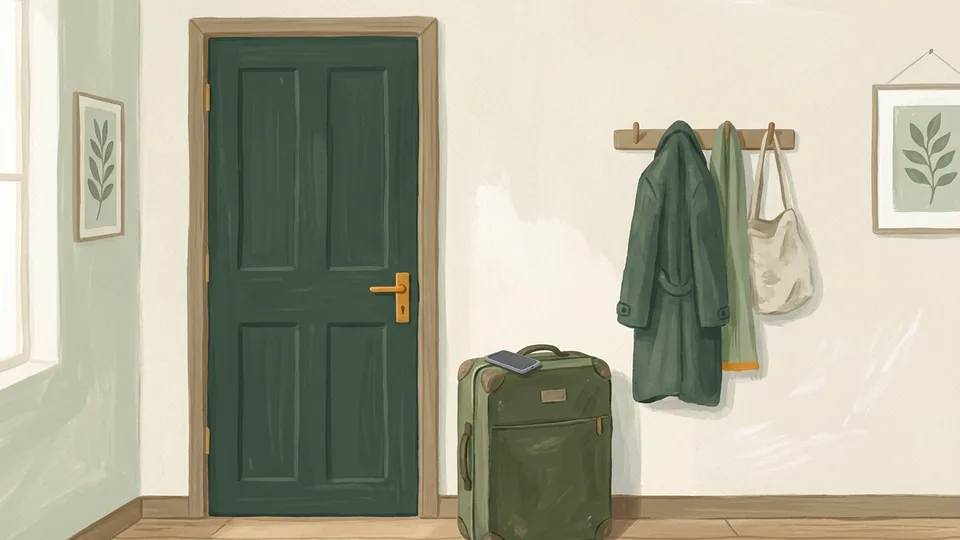 A suitcase by a front door with a phone resting on top
