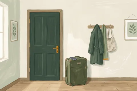 A suitcase by a front door with a phone resting on top