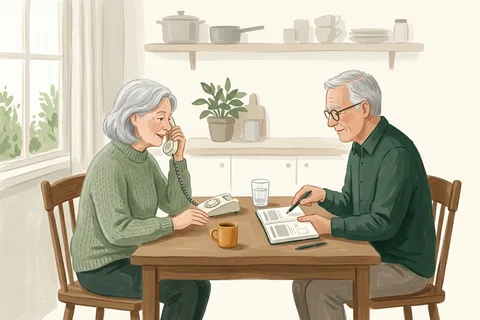 A couple at a kitchen table, one making a phone call while the other reads a number from a notebook
