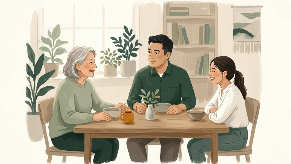 Three generations of a family talking around a dining table