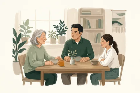 Three generations of a family talking around a dining table