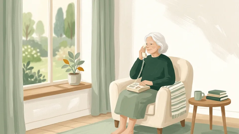 An older woman sitting by a window with a landline phone in her lap