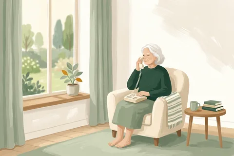 An older woman sitting by a window with a landline phone in her lap