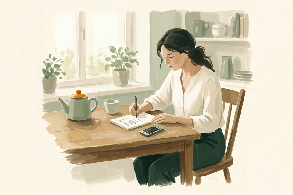 A woman sitting at a kitchen table with a phone and a notepad, calmly writing a list