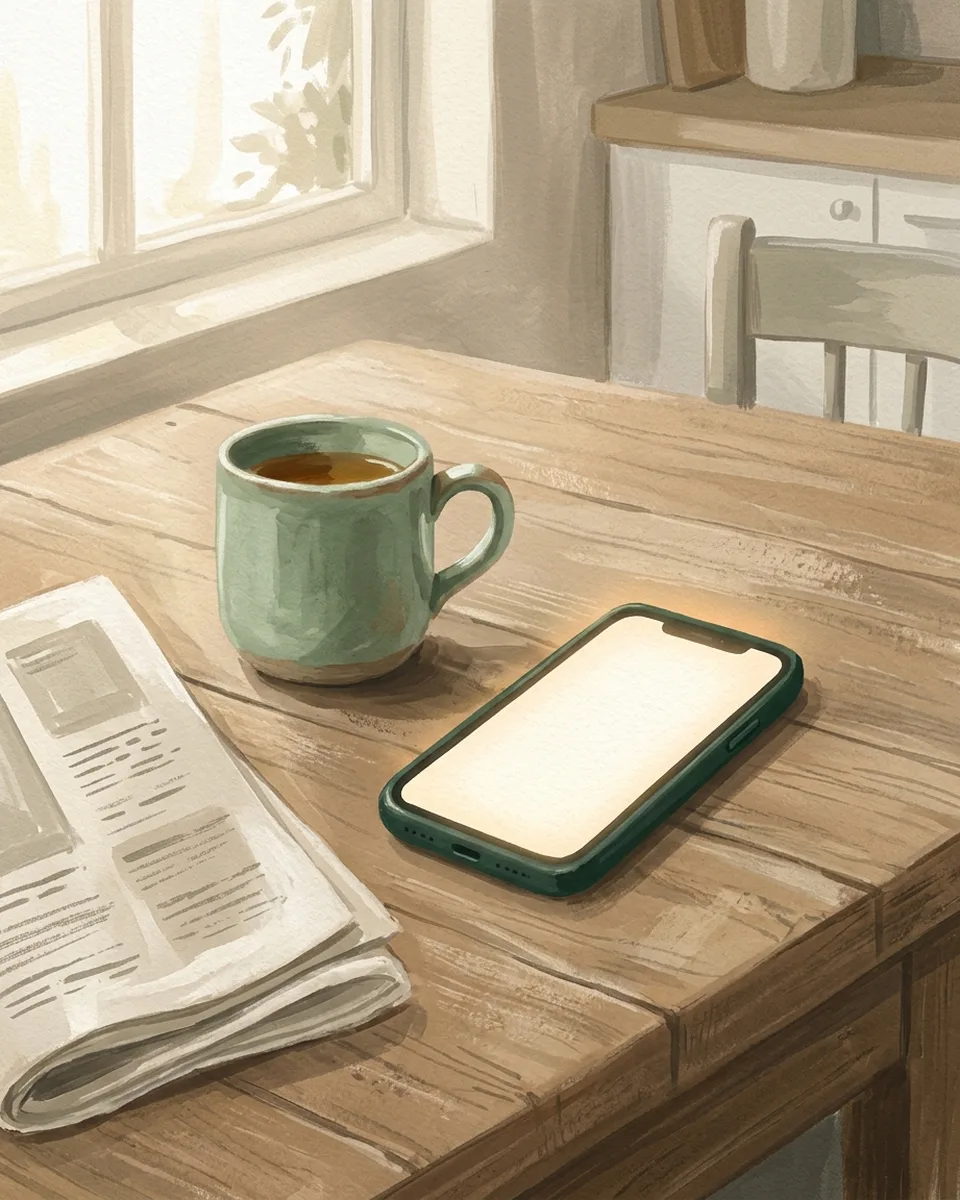 A mobile phone lying face up on a wooden kitchen table beside a mug and a folded newspaper, in soft morning light