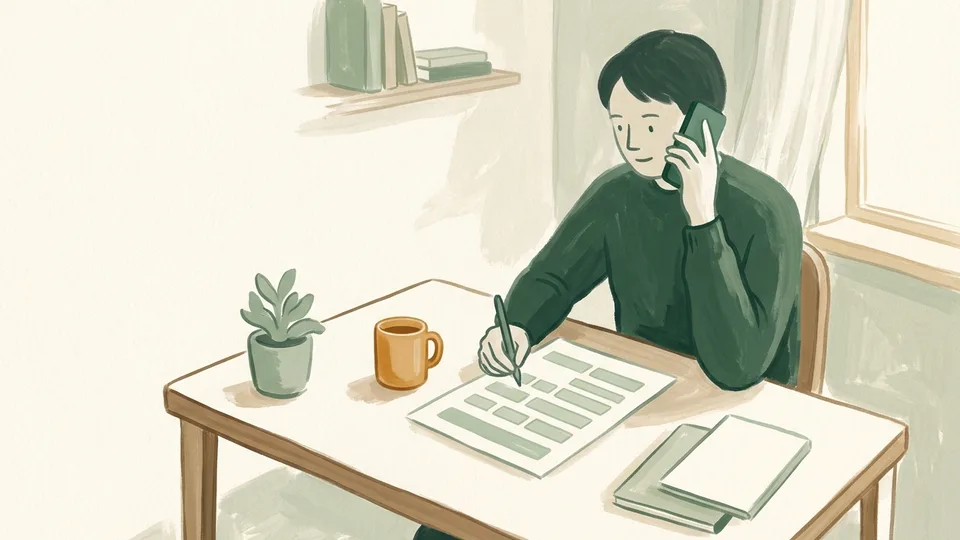 A person on the phone at a desk with a printed form and a pen