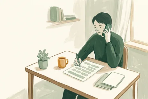 A person on the phone at a desk with a printed form and a pen