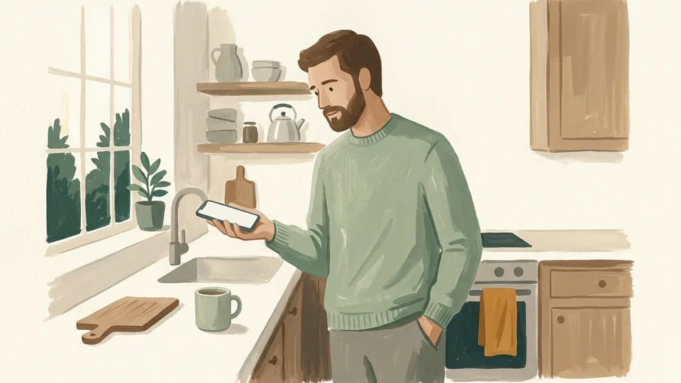 A man listening carefully to a phone held on speaker in his kitchen