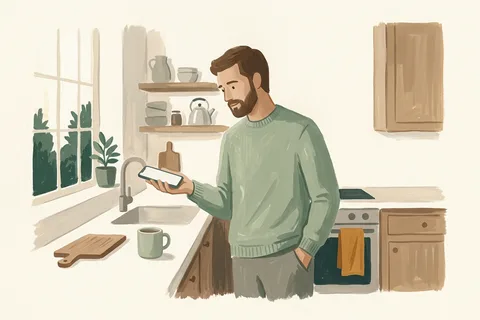 A man listening carefully to a phone held on speaker in his kitchen