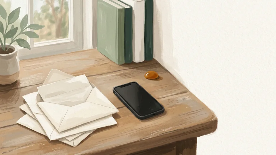A stack of opened letters and envelopes beside a phone on a desk