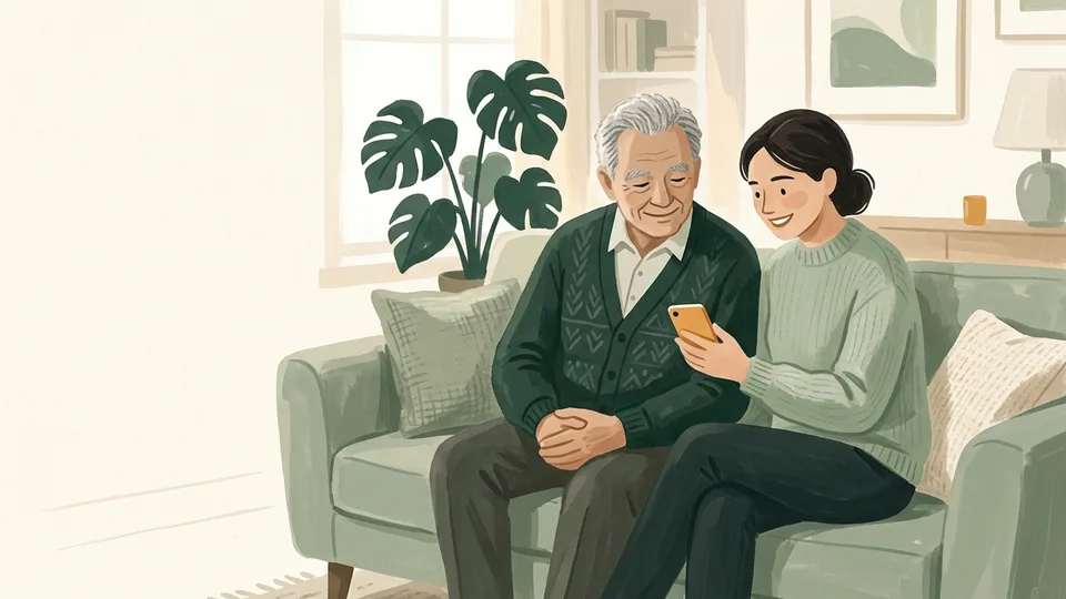 An adult daughter and her elderly father looking at a phone together on a sofa