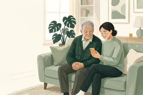 An adult daughter and her elderly father looking at a phone together on a sofa