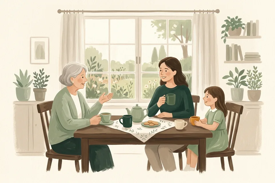 Three generations of a family sitting together at a dining table, talking over cups of tea