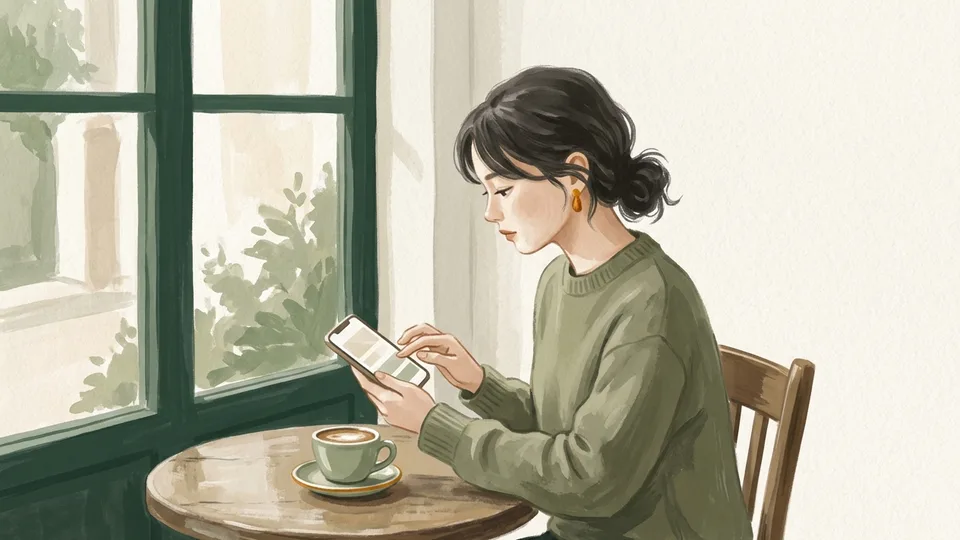 A young woman changing privacy settings on her phone at a cafe table
