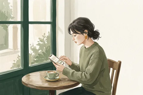 A young woman changing privacy settings on her phone at a cafe table