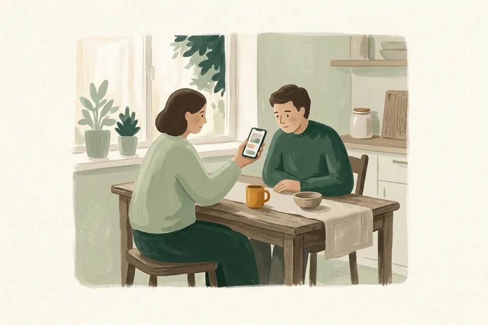Two people sitting at a kitchen table, one holding a phone out so the other can see the screen