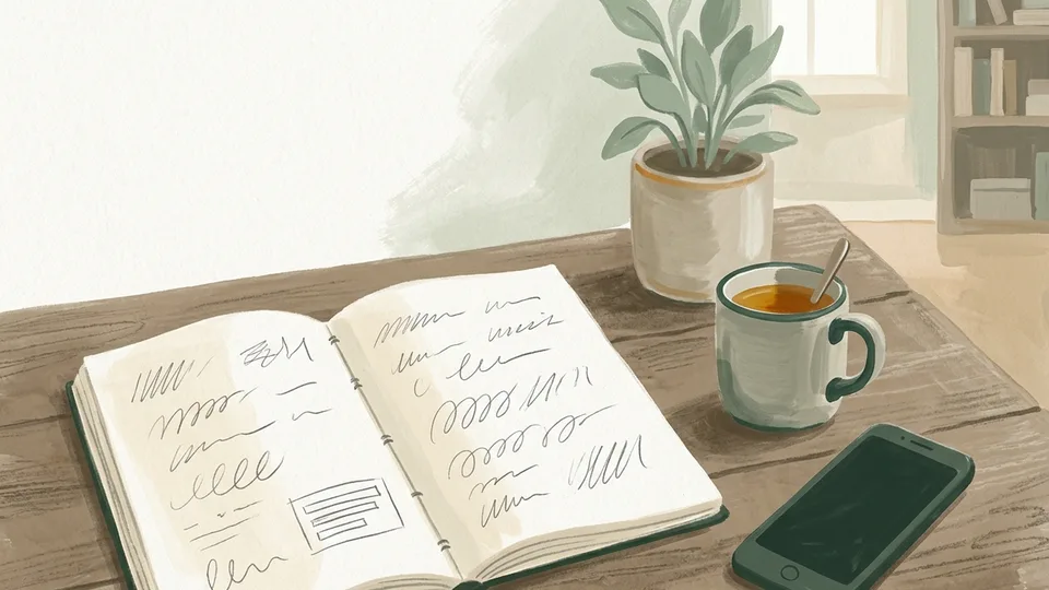 A notebook with handwritten figures next to a phone and a cup of tea