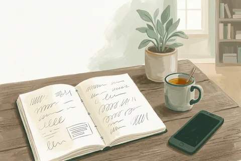 A notebook with handwritten figures next to a phone and a cup of tea