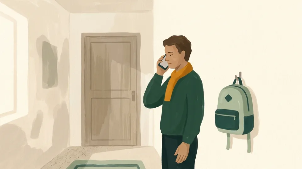 A parent standing in a hallway holding a phone close to their ear