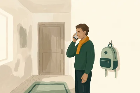 A parent standing in a hallway holding a phone close to their ear