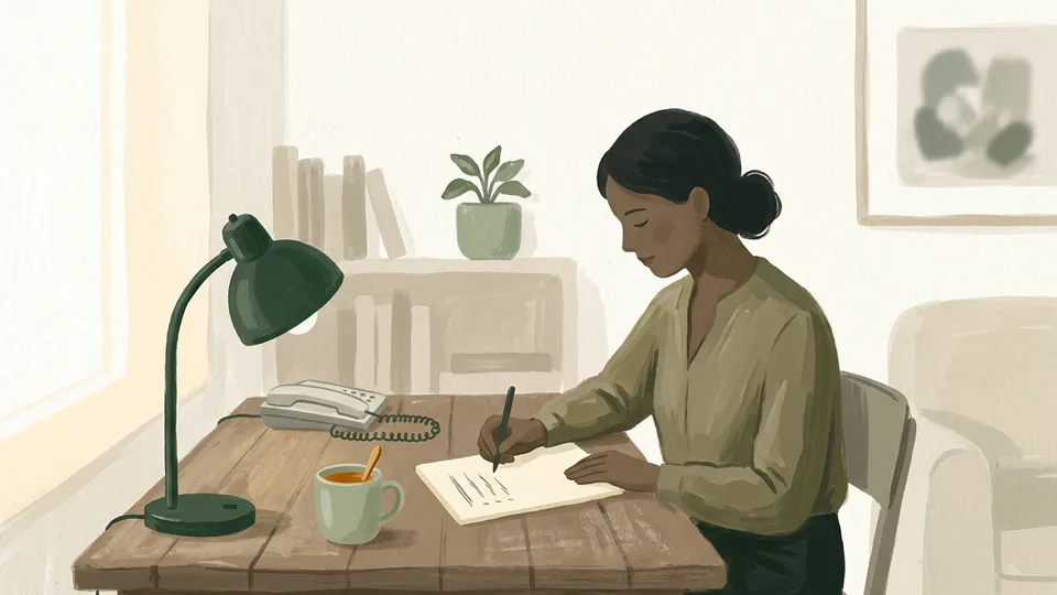 A woman at a desk with a phone and a notepad, writing down a list