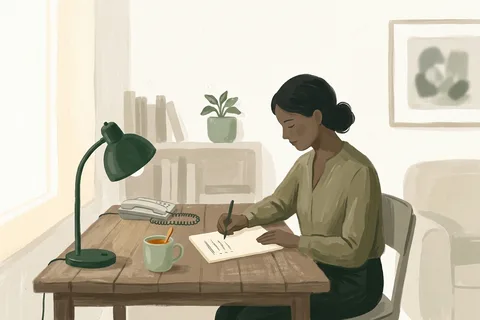 A woman at a desk with a phone and a notepad, writing down a list